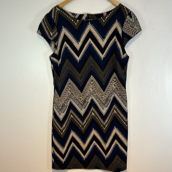 Chevron striped blue/brown/black zip back dress cap sleeves size large - Picture 8 of 10